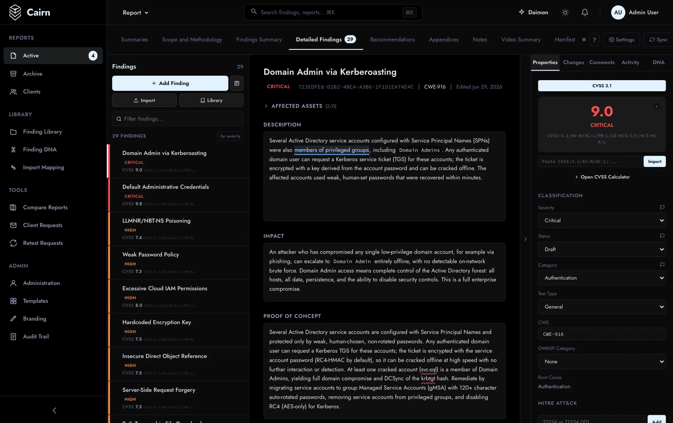 Click to expand Report editor showing a full finding with description, impact, and proof-of-concept
