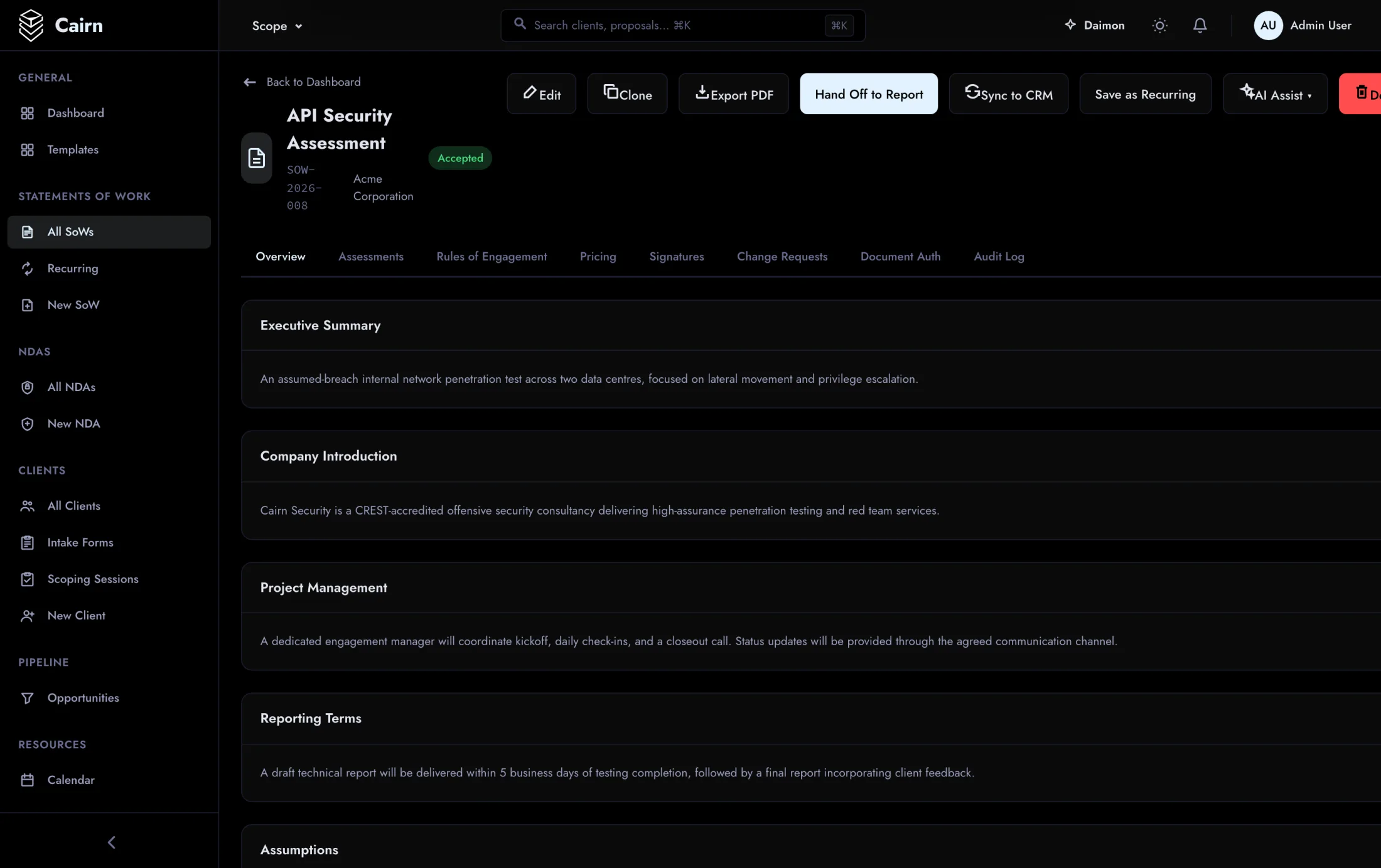 One click from signed SoW to report